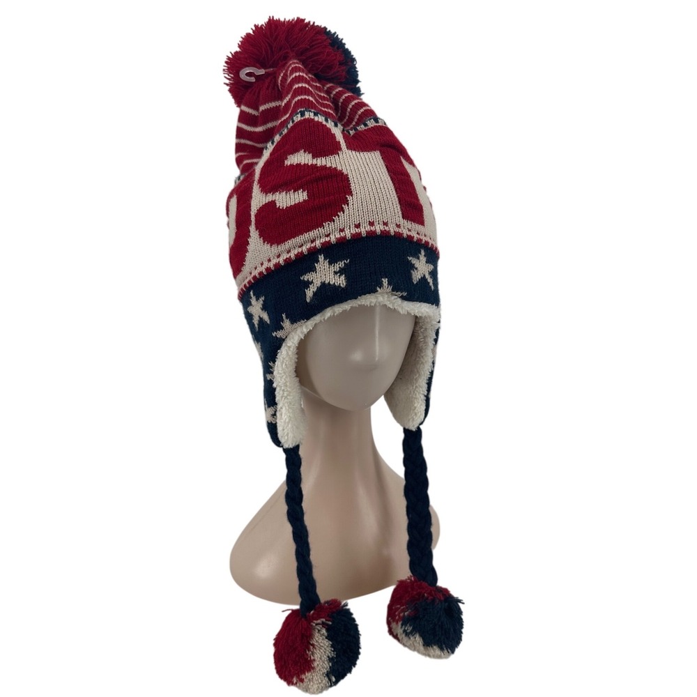 Robin Ruth USA Boston Knit Trapper Hat Beanie Pom Pom Stars Stripes Fleece Lined